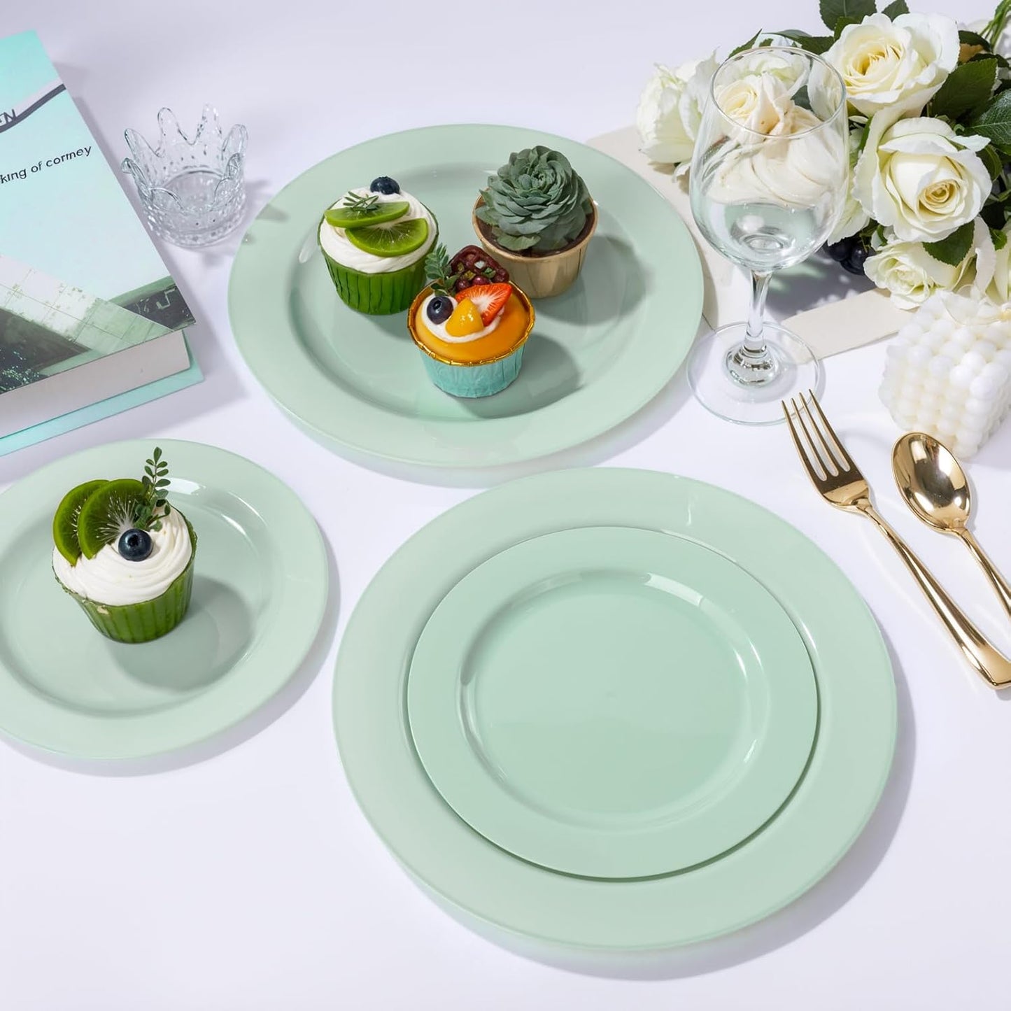 FLOWERCAT 60PCS Sage Green Plates - Heavy Duty Plastic Plates Disposable for Party/Easter - Include 30PCS 10.25inch Sage Green Dinner Plates and 30PCS 7.5inch Dessert Plates