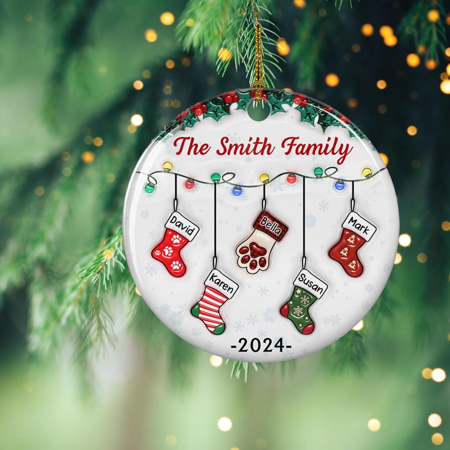 Stocking Personalized Family Christmas Ceramic Ornament 2025-3D Inflated Effect Custom Name Hanging Stock up to 10 Members, First Xmas as A Family Ornament Gifts (A04, 9 Names)