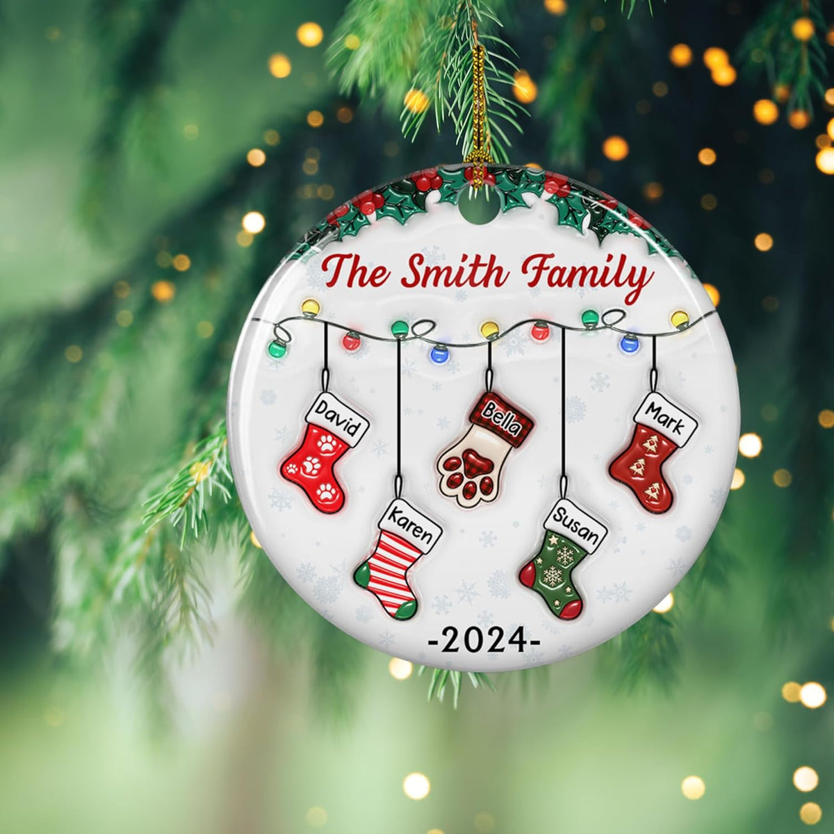 Stocking Personalized Family Christmas Ceramic Ornament 2025-3D Inflated Effect Custom Name Hanging Stock up to 10 Members, First Xmas as A Family Ornament Gifts (A04, 10 Names)