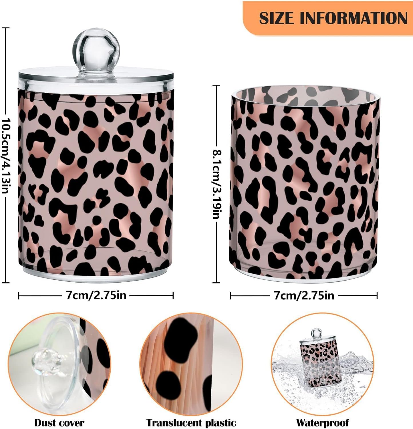 2 Pack Qtip Holder Dispenser Rose Gold Black Leopard Bathroom Storage Canister Lid Acrylic Plastic Apothecary Jar Set Vanity Makeup Organizer for Cotton Swab/Ball/Round Pads, Floss