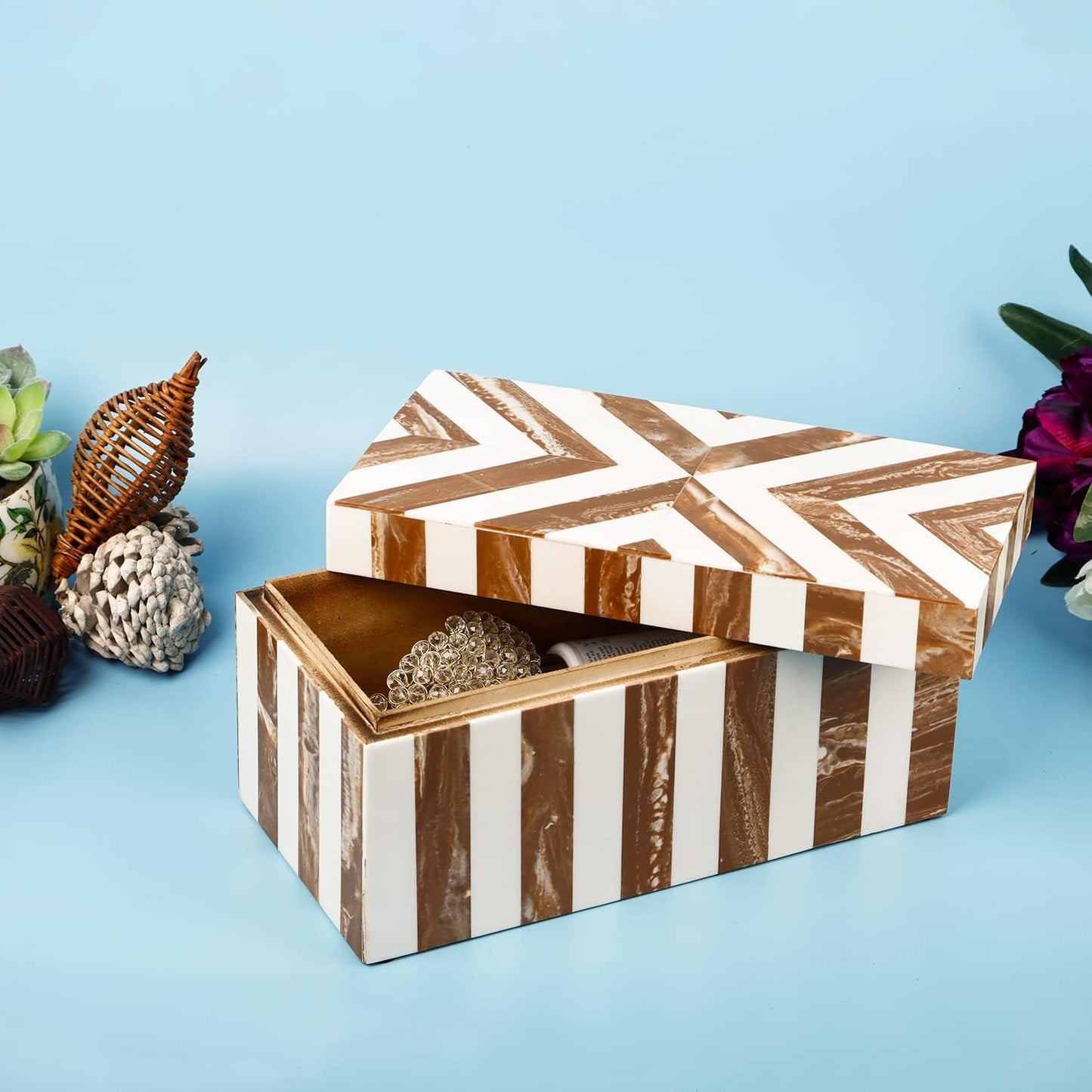 Handicrafts Home Handmade Chevron Pattern Decorative Box - Storage Organizer, Decor Centrepiece, Memory Keepsakes, Home Decor - Boho Style Treasure Box, Multipurpose Gift - Brown, 10x5x5