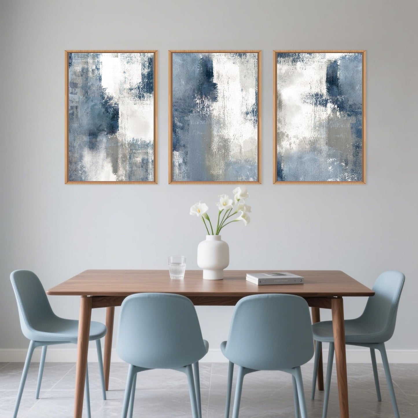 LHIUEM Large Abstract Brush Strokes Framed Canvas Wall Art Set,Navy Blue and Gray Wall Decor,Modern Color Block Shape Artwork,Minimalist Neutral Blue Printing for Living Room,Bedroom, Office-16''x24''x3