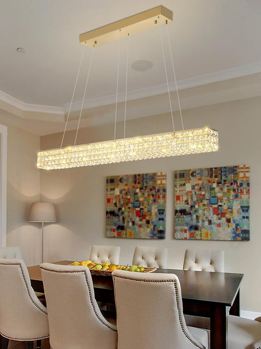 W48 Rectangular Gold Crystal Chandelier Modern Rectangle Pendant Ceiling Light Fixture for Living Room Dining Room Kitchen Island Bar