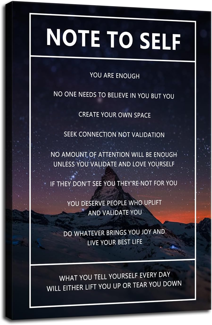 Note to Self Inspirational Wall Art Snow Mountain Starry Sky Motivational Poster Inspiring Canvas Painting Prints Wall Pictures for Home Decor Living Room Office Bedroom Framed Artwork [12''W x 18''H]