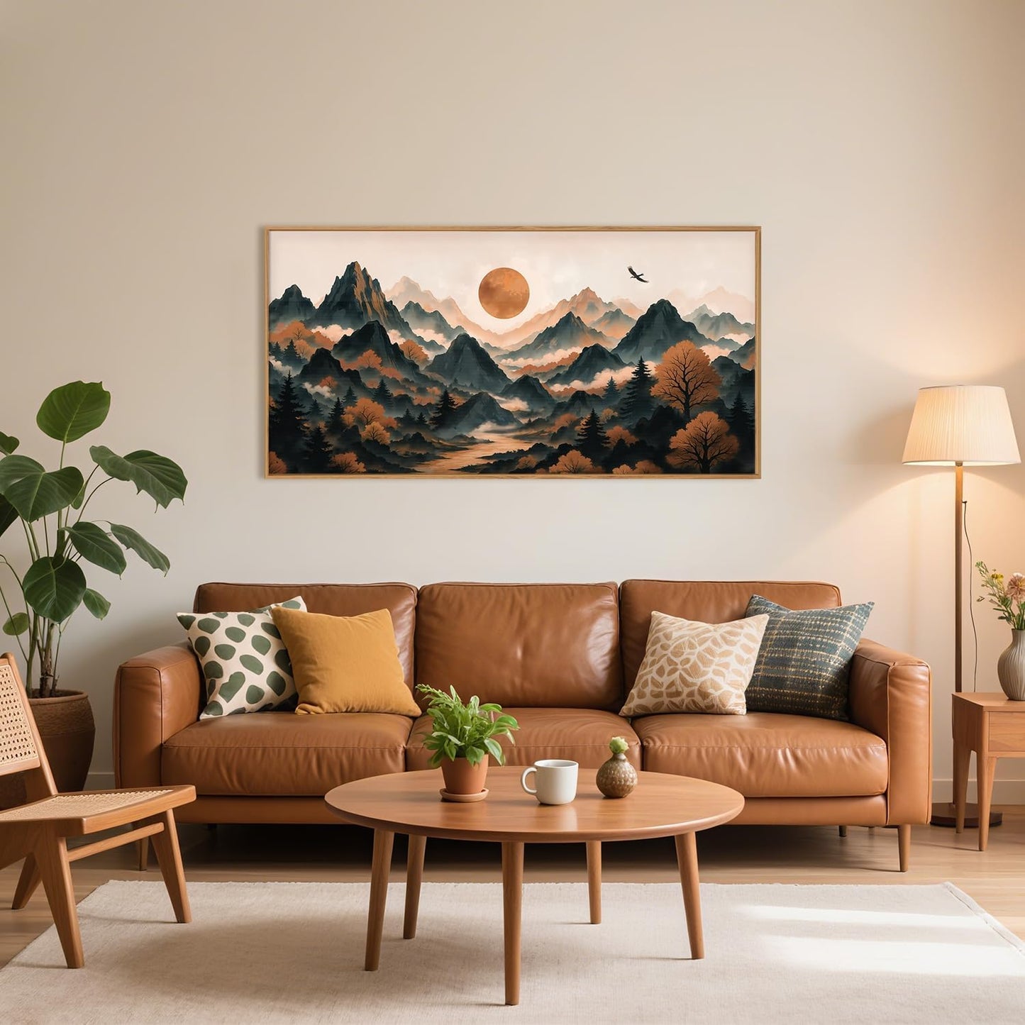Large Boho Mountain Framed Canvas Wall Art Set, Brown Ridge Landscape Wall Decor, Pine Tree Scenery Wall Painting, Abstract Wilderness Art Print for Living Room, Bedroom, Office - 20X40