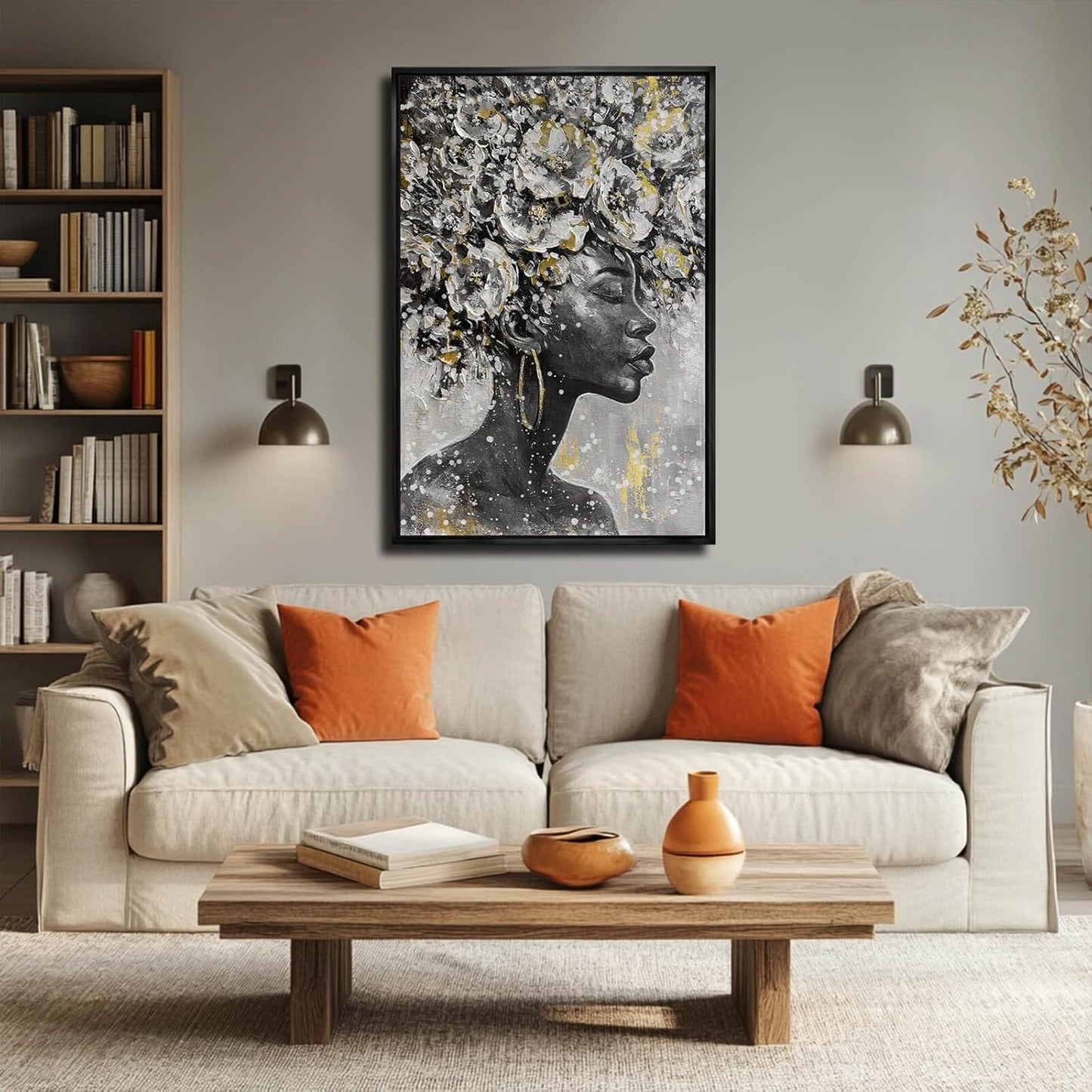 MLART99 Gold African American Wall Art Black Woman Wall Decor with Frame Vertical Floral Canvas Painting Modern Print Bedroom Living Room Decor 24x36 Inch