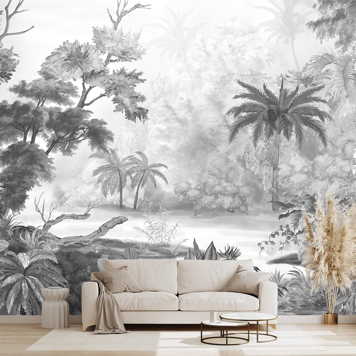 Grey Tropical Rainforest Plant wallpeper Living Room Bedroom Jungle Botanical Wall Mural - 91"x65"（Not Peel and Stick）