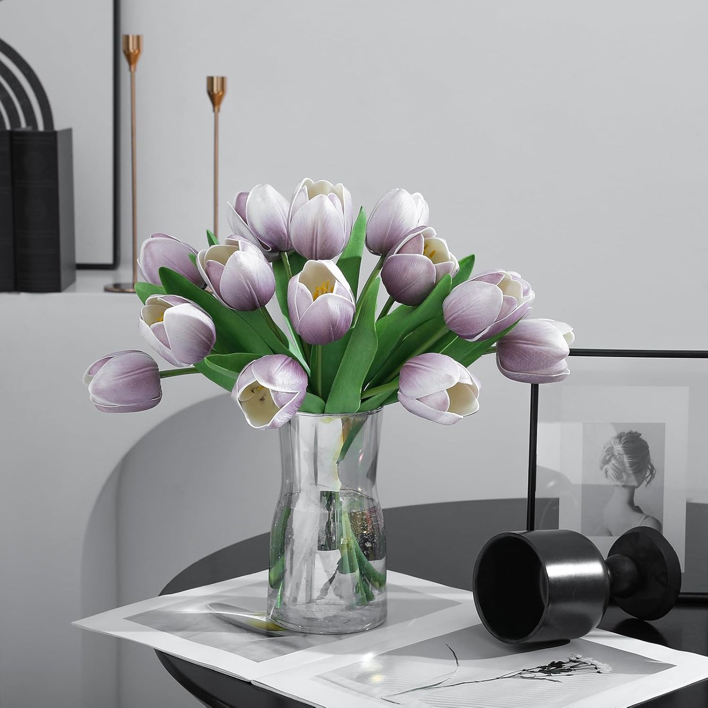 Light Purple Artificial Tulips, 2 Bundles 14Pcs, Fake Tulips Artificial Flowers, 2 x 2.4 Inch Large Flower Head Big Tulip, Easter Valentine's Day Mother's Day Home Decoration Flowers