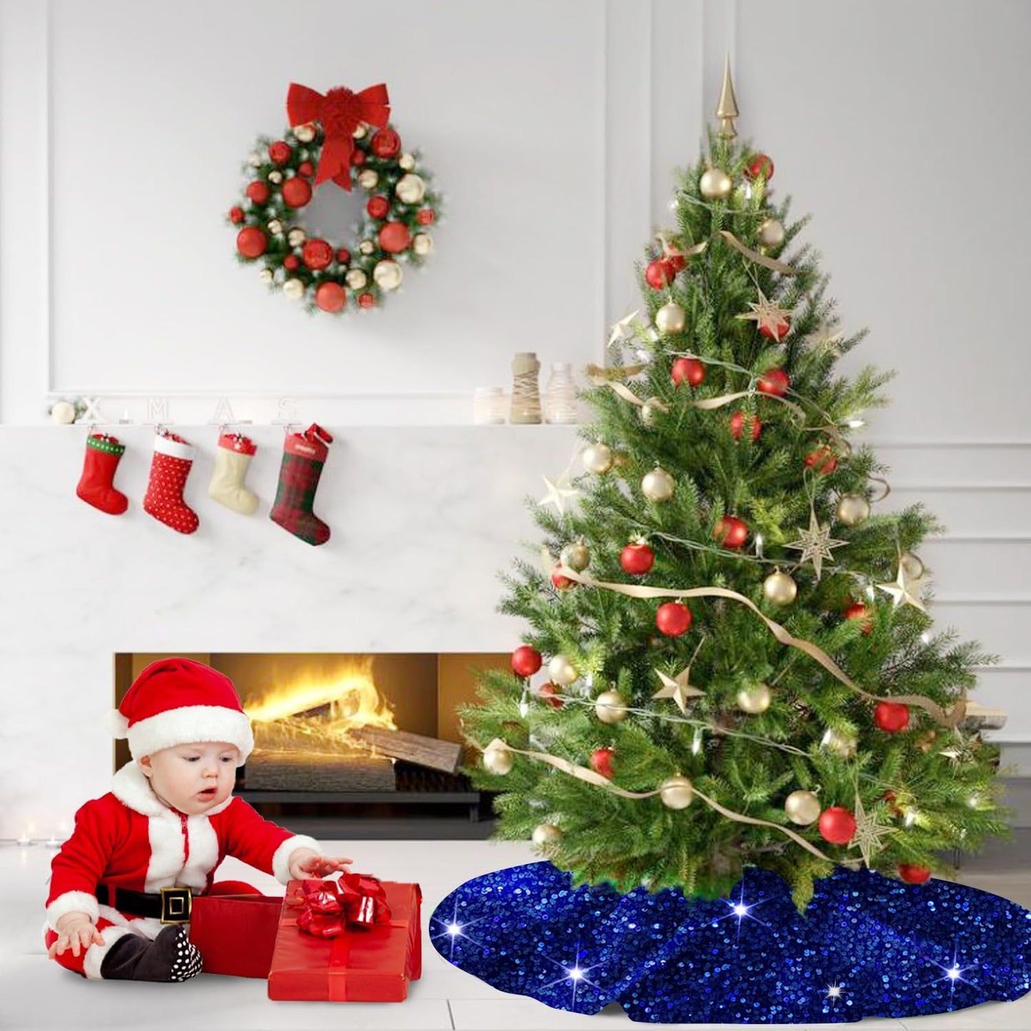 MODFUNS Sequin Tree Skirt Royal Blue Christmas Tree Skirt 60 Inch Velvet Fabric Large Xmas Tree Mat Glitter Tree Skirts Luxury Christmas Tree Skirts Sparkly Tree Cover Skirt Xmas Holiday Decor