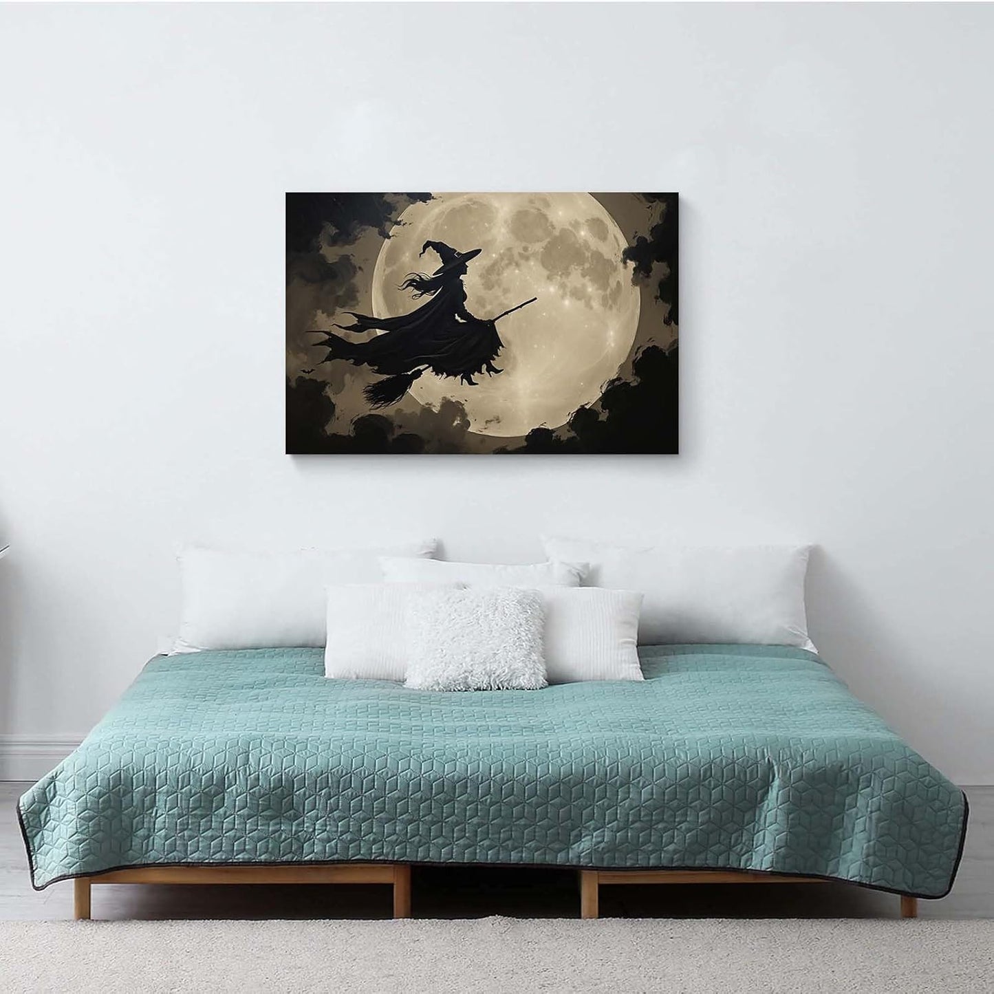 JFHCQJPK Full moon witch silhouette poster witch on magic broom Halloween mural poster decorative mural art suitable for home living room bedroom16x24in Frameless