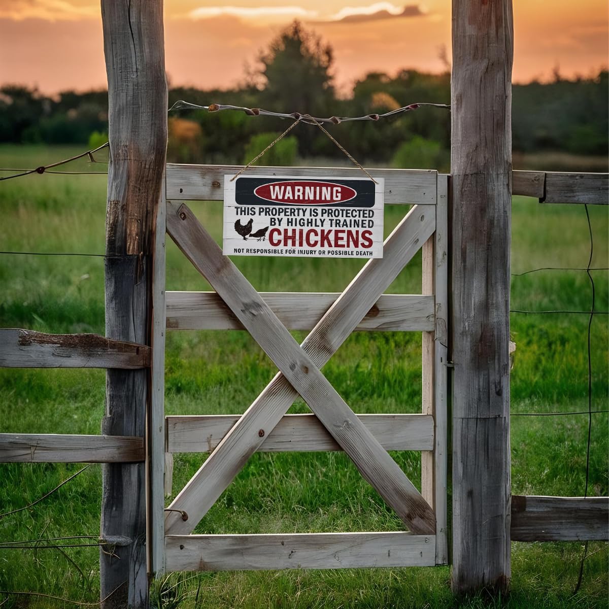 Funny Warning Signs, The Property is Protected By Highly Trained Chicken Sign, Decorative Wood Hanging Wood Plaque, Farmhouse Home Garden Yard Decor, Door Gate Hanger, Chicken Farm Decor