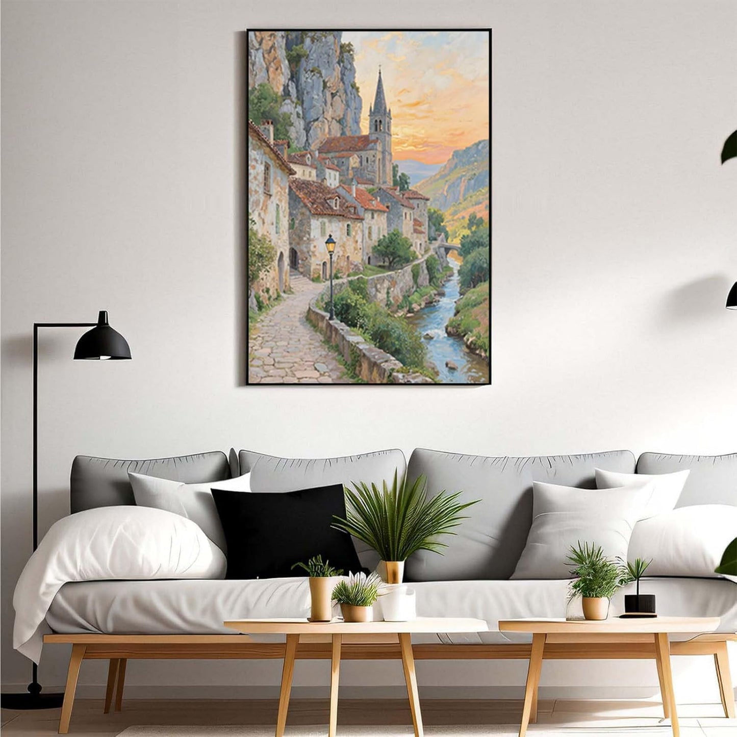 Small town scenery poster on the bank of the mountain stream is suitable for living room bedroom and office natural oil painting poster