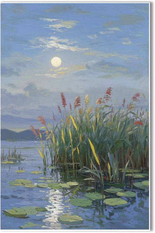 Landscape poster artwork art poster natural landscape painting reed marsh under the moonlight suitable for living room bedroom home wall