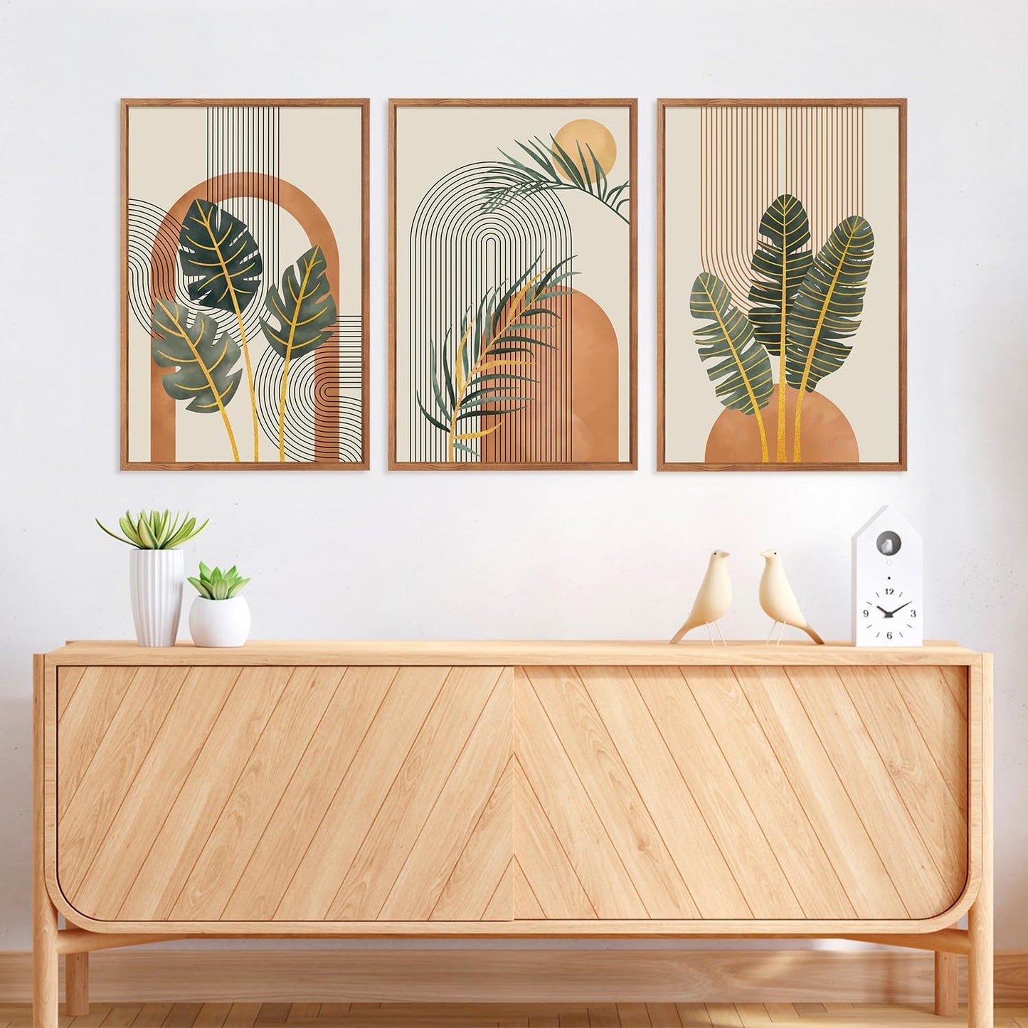 KAIRNE Boho Canvas Wall Art,Abstract Minimalist Room Decor,Tropical Botanical Wall Decor,Mid-Century Geometric Illustrations Set of 3(16”X24”),Botanical Print for Living Room Bedroom Dining Room Decor