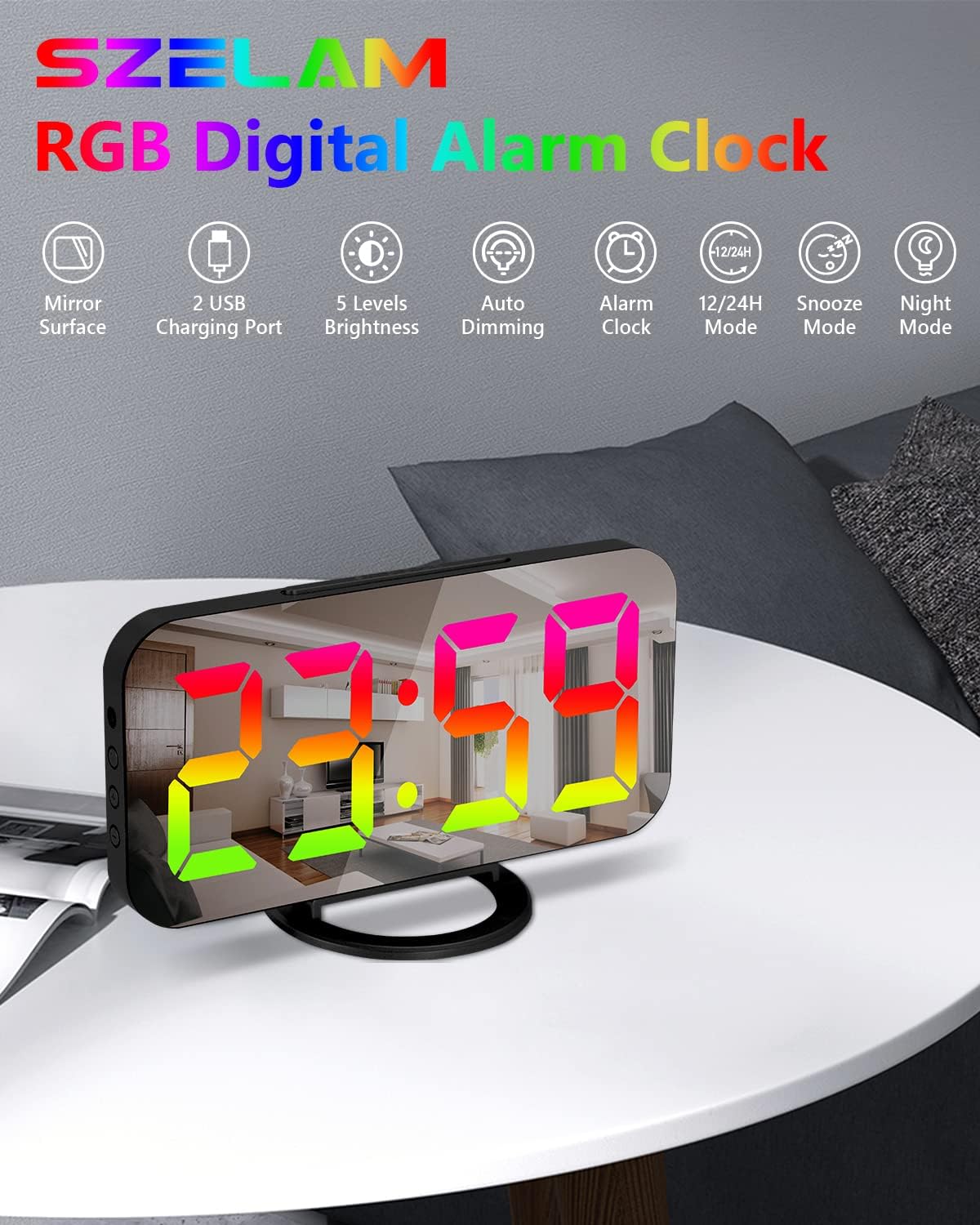 SZELAM LED RGB Digital Alarm Clock,with 11 Color Modes Display,Mirror Surface,Dual USB Charger Ports,Modern Desk Clocks for Bedroom Home Office Decor- Black