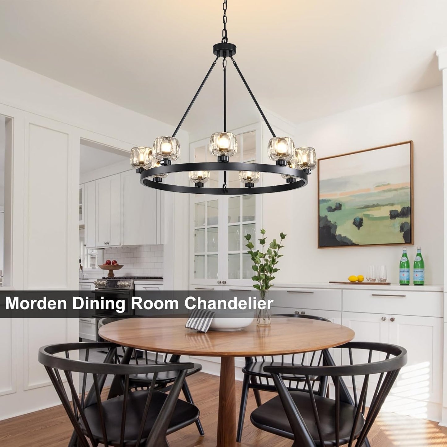 Black Wagon Wheel Chandelier, 36 Inch Black Chandeliers with Unique Glass Shade, 9-Light Crystal Farmhouse Wagon Wheel Chandeliers for Dining Room, Round Chandelier for Living Room, Foyer, Entryway