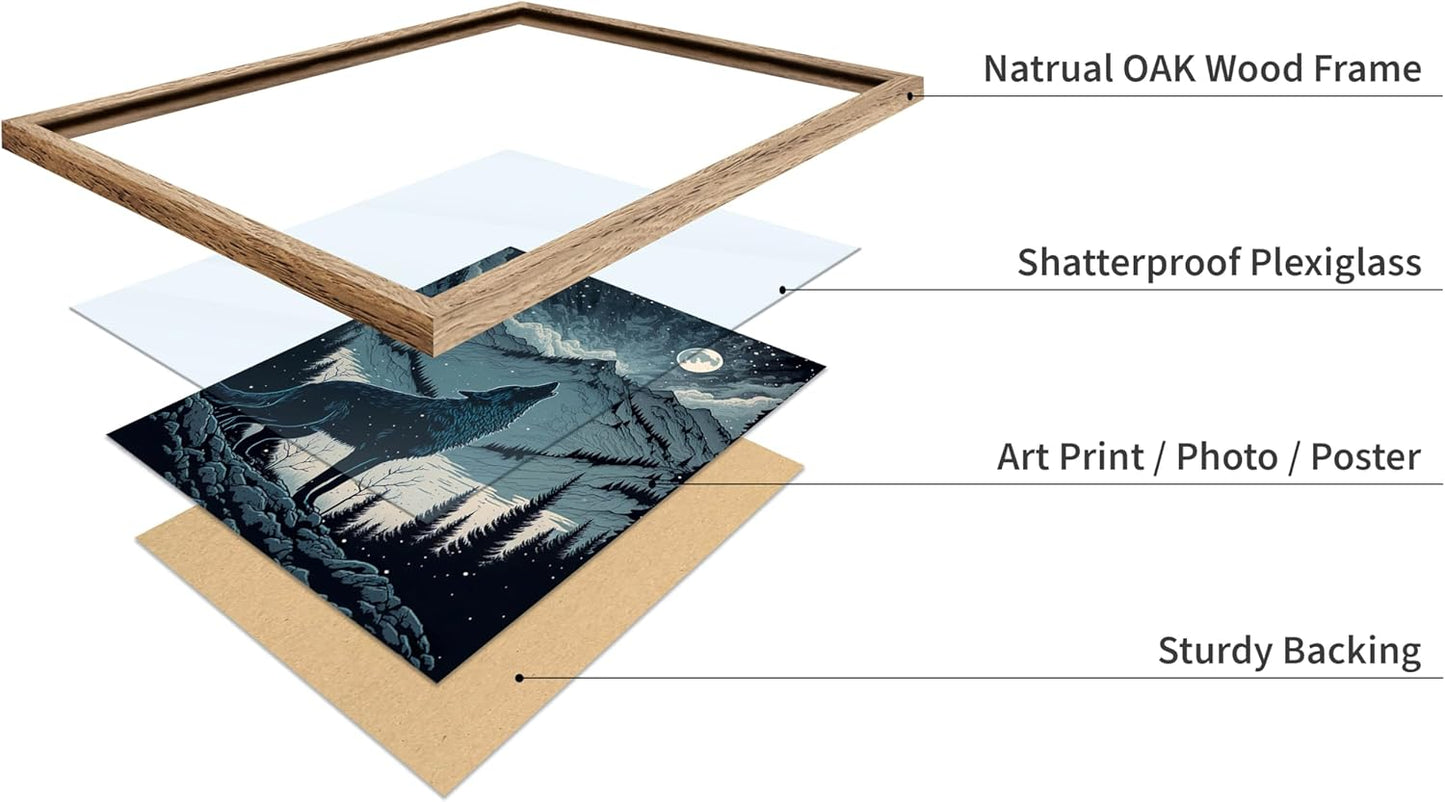 Poster Master Vintage Illustration Poster - Retro Animal Print - Gift for Artist, Friend - Wolf Howling at the Moon, Mountain, Snow, Landscape - Wall Decor for Home, Office, 8x10 Beige Framed