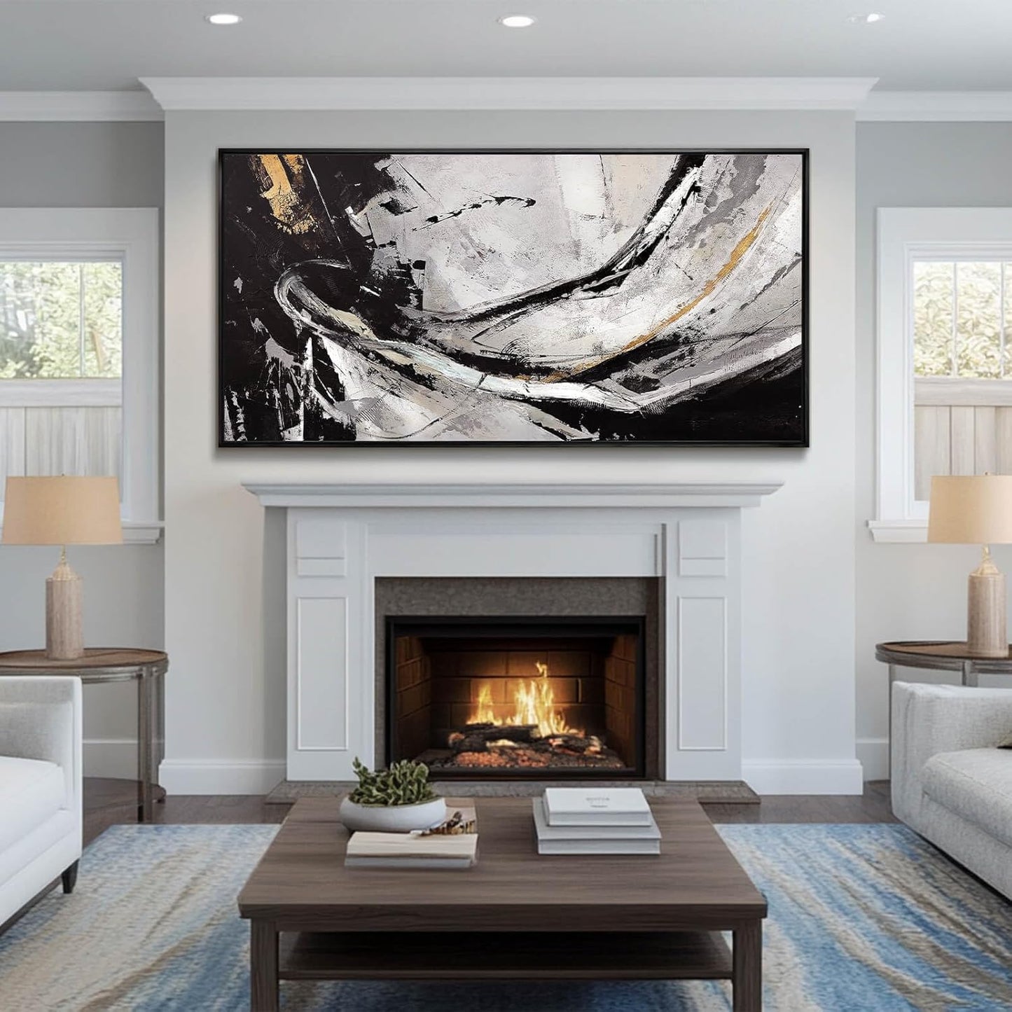 Home Decor Black and White Abstract Painting for Office Bedroom Decorations Framed Canvas Wall Prints Gold Pictures Wall Art for Home 29"x 58"