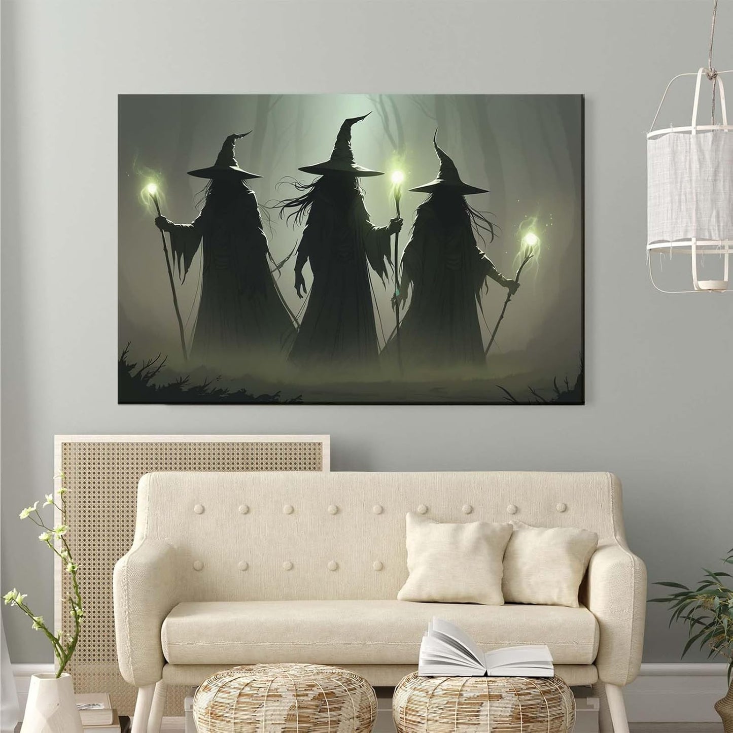 Vintage 3 witches canvas wall decor melancholy dark Halloween poster wall decor holding a staff print Gothic horror Halloween painting print for living room bedroom12x16in Wood Framed