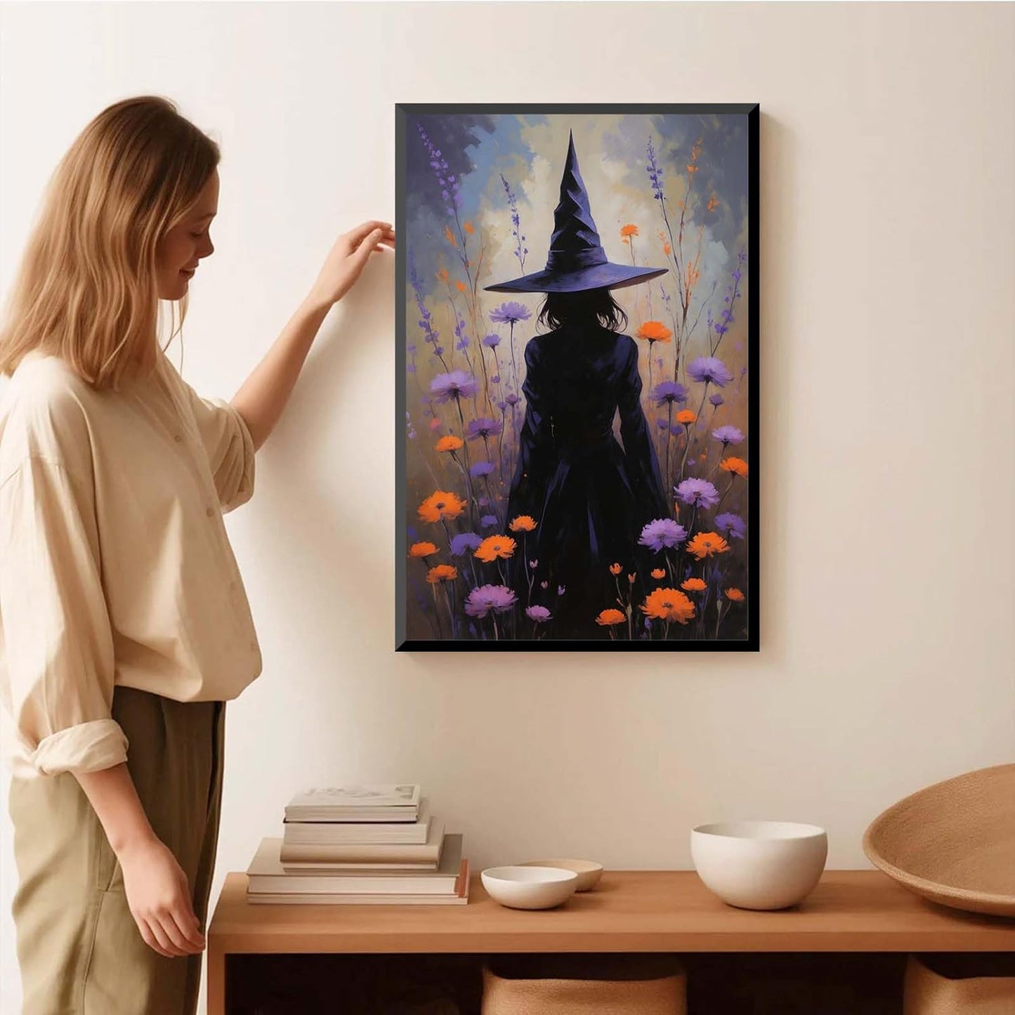 JFHCQJPK Country wildflower witch canvas print halloween mashup art witch purple decoration bohemian elegant art poster16x24in Metal blackFramed