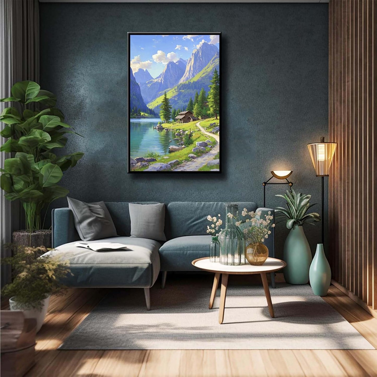 Landscape wall painting of mountain forest lakeside cabin under blue sky and white clouds natural oil painting poster suitable for living room bedroom office