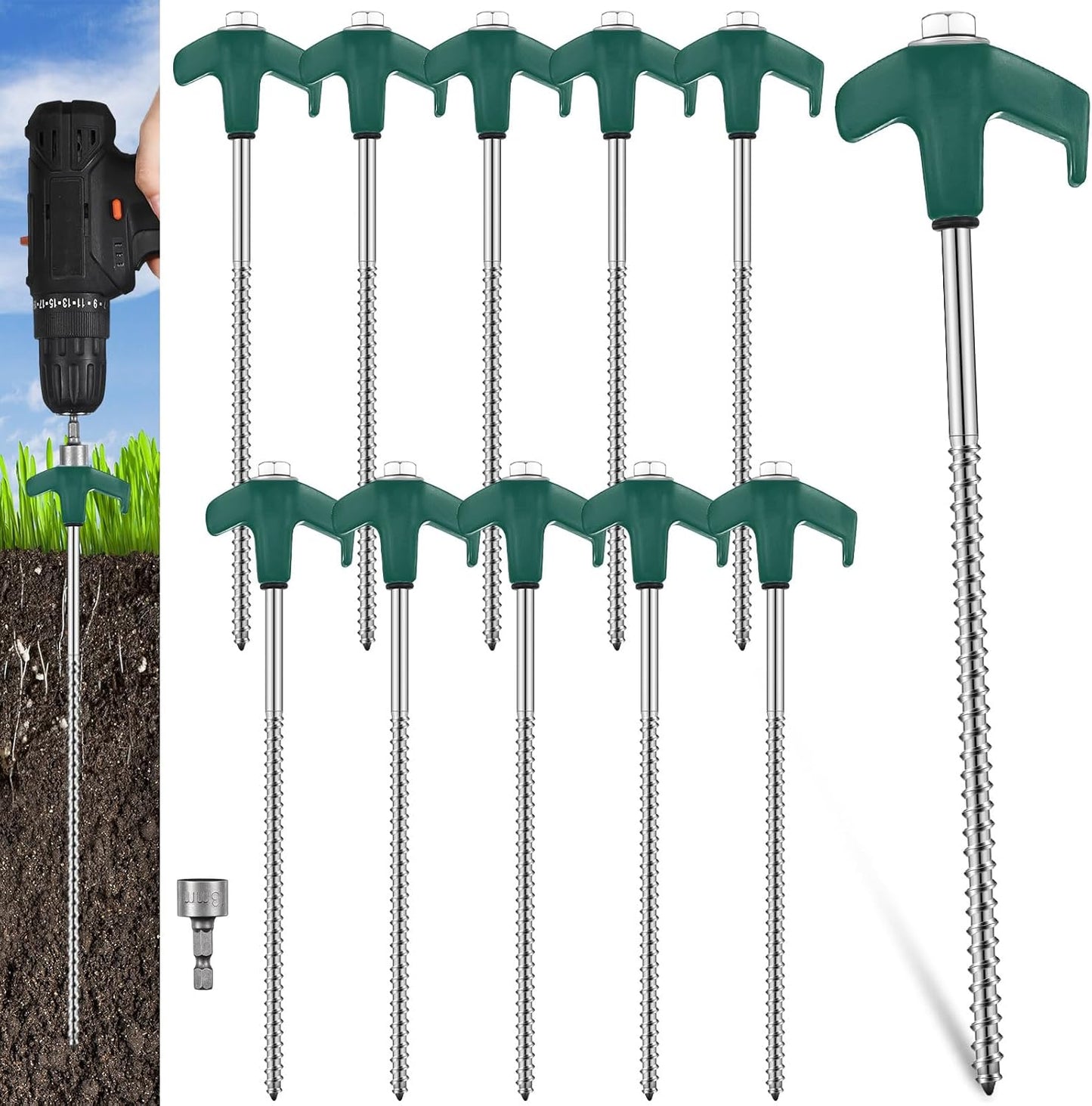 Hicarer 10 Pcs 20 Pcs 8'' Screw in Tent Stakes Heavy Duty Ground Metal Stakes for Inflatables with Hex Head Driver for Outdoor Camping Tent Inflatable Garden Decor (Dark Green)