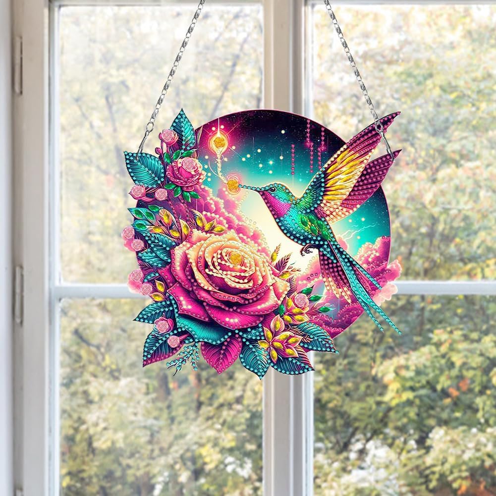 Flowers Hummingbird Diamond Art Kits,5D Diamond Hanging Ornament Kits,DIY Special Shaped Diamond Dot Kits,Home Porch Crystal Hanging Pendant Ornament (Colorful1)