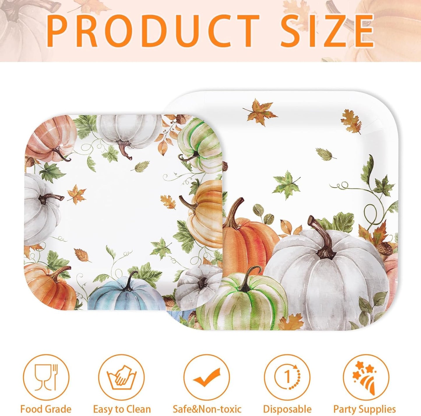 Grencian 200Pcs Fall Plates and Napkins Square Autumn Pumpkin Plates Thanksgiving Paper Platter Tableware Sets for Thanksgiving Harvest Party Decorations, Serves 50