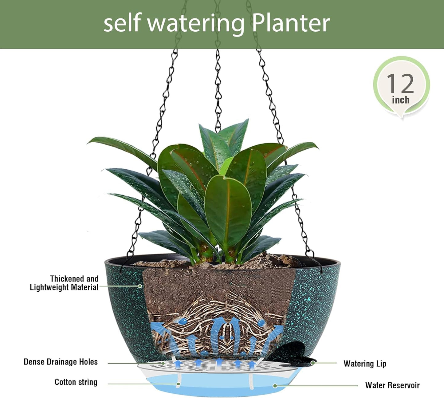 12 Inch Hanging Baskets 2 PC with Chains, Self-Watering Hanging Planters for Indoor Outdoor Plants, Plastic Hanging Flower Pots, Black with Green Speckles