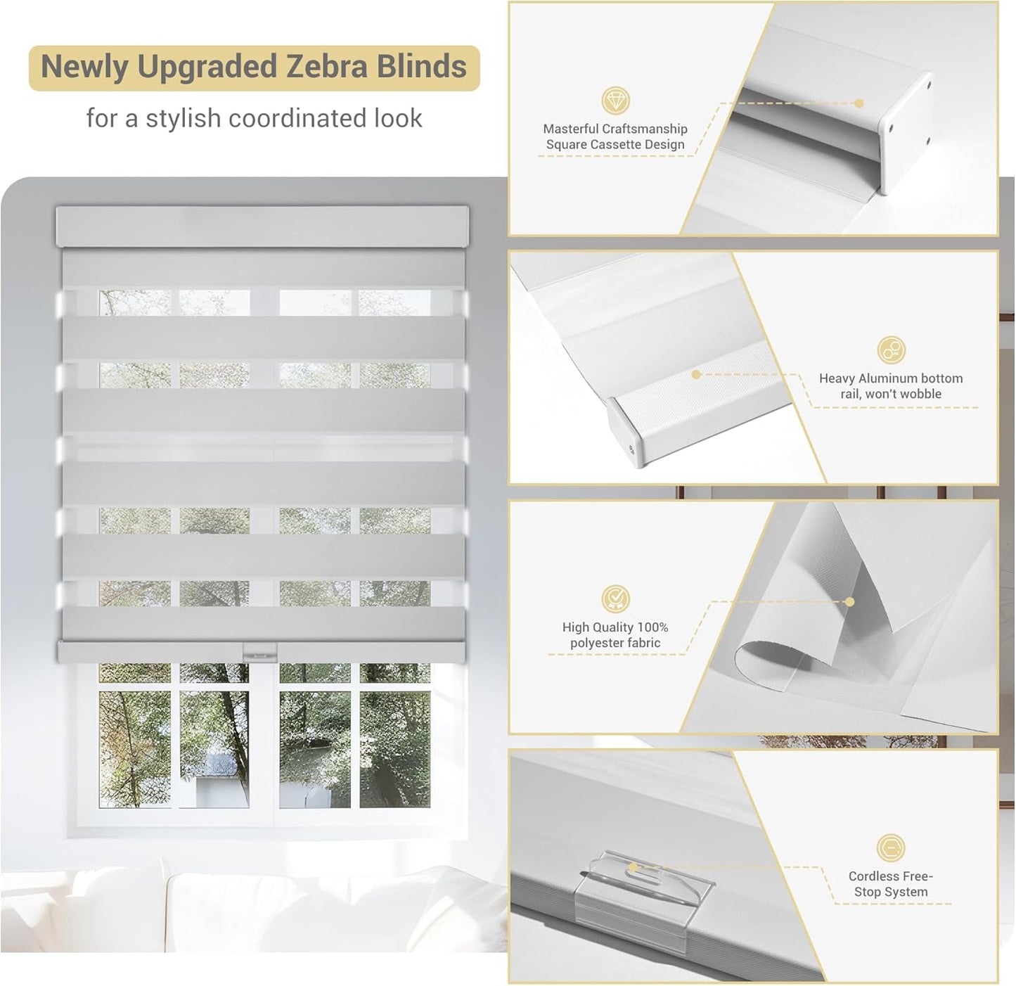 Cordless Zebra Blinds for Windows, Blackout Interior Blinds,Easy to Install,UV Protection,for Offices and Home,Custom Roller Shades, Solid White, 57" W x 72" H