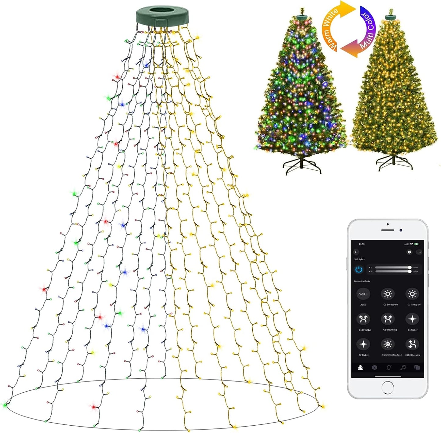 Smart Christmas Tree Lights with Ring, APP Control Music Sync 6.56Ft x 16 Lines String 400 LED Indoor Outdoor with DIY scenarios 17 Modes Multicolor Timing for Christmas Tree Decorations