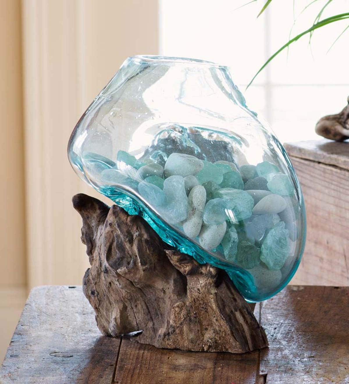 Hand Blown Molten Glass & Teak Wood Terrarium/Vase/Fish Bowl - Premium Quality (7" - 9" High)