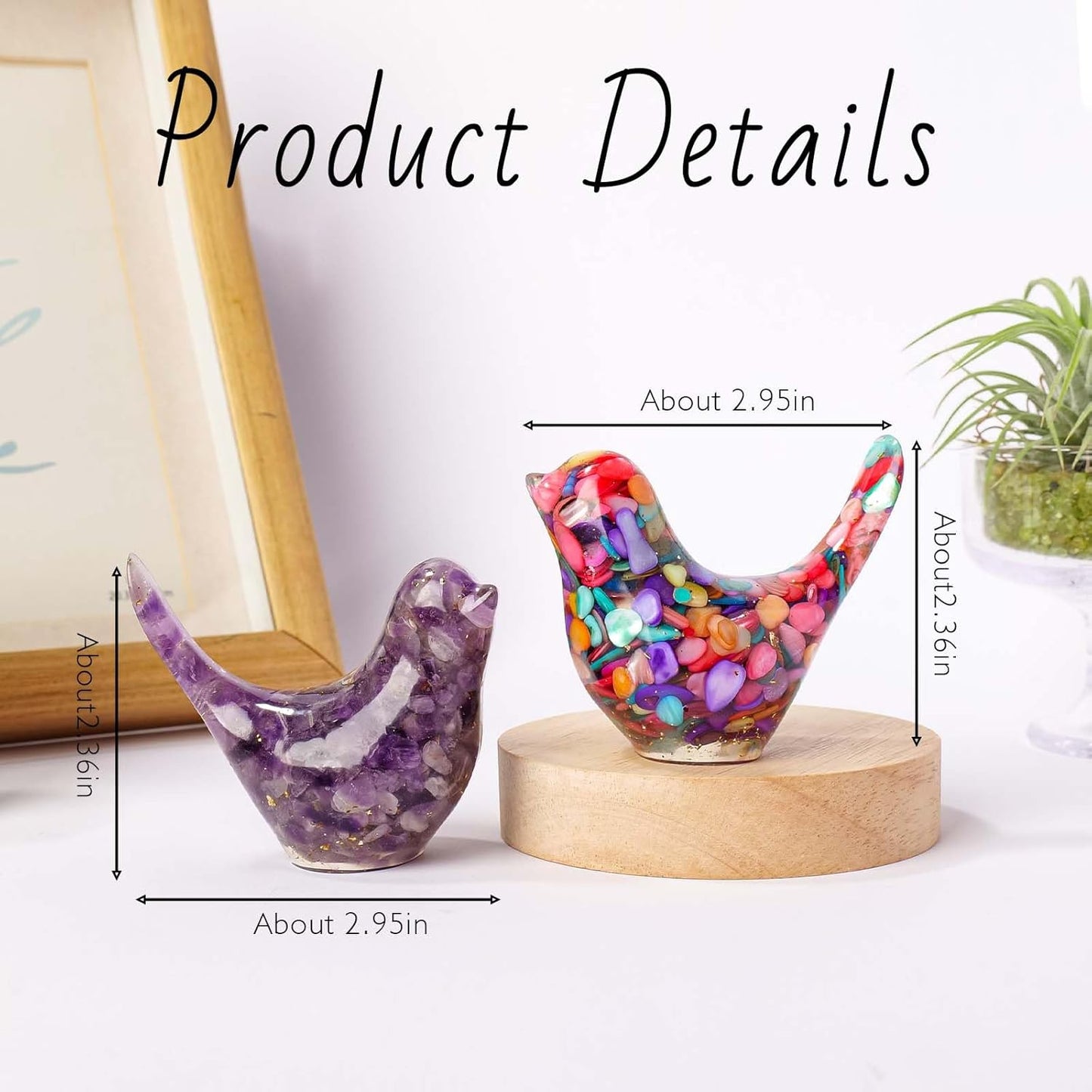 Crystal Bird Figurines, Resin Animal Statues, Miniature Decorative Gravel Birds, Home Decor (2PCS-Purple+Colorful)
