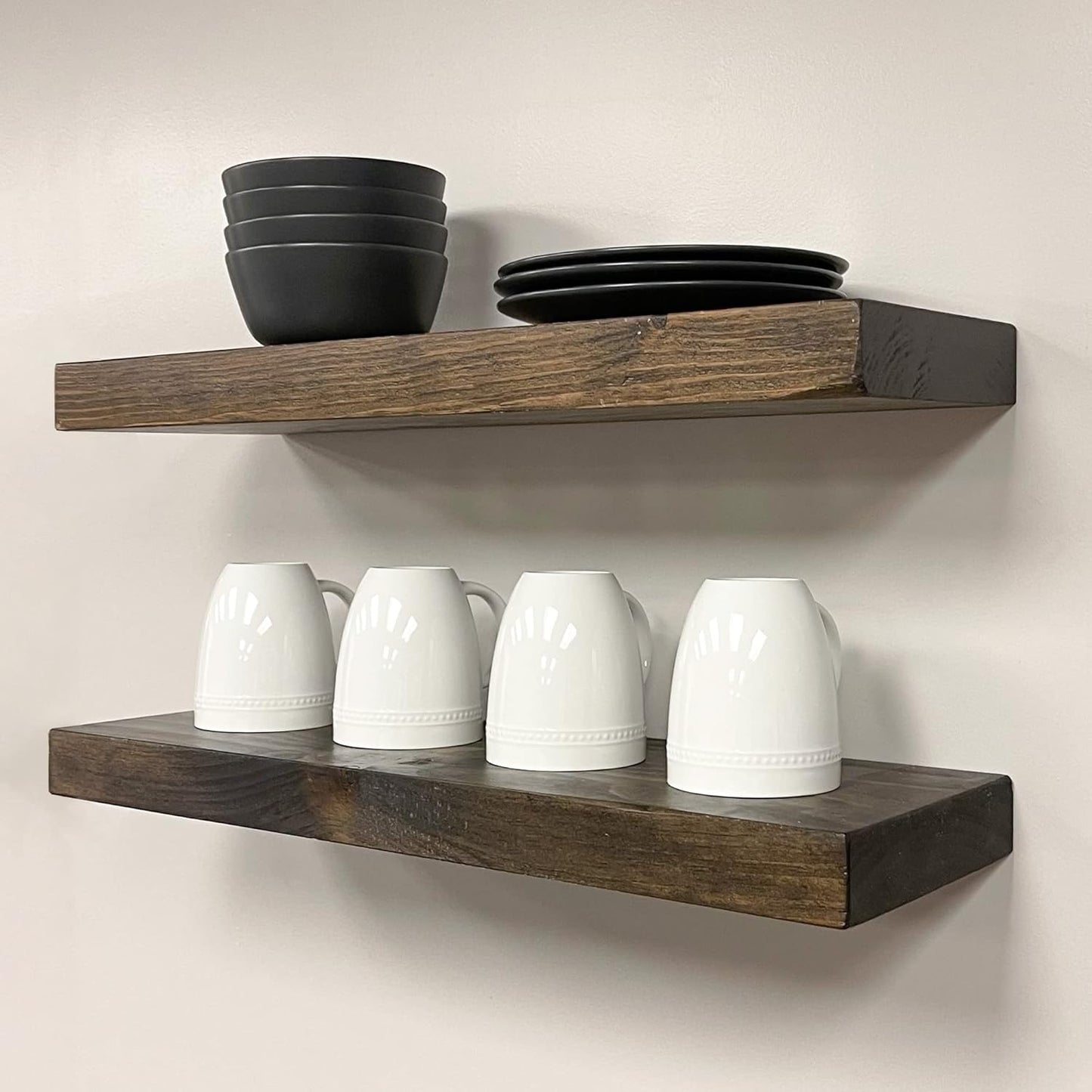 URBANDI, Rustic Floating Shelves, Set of 2, Hidden Bracket, Solid Wood, Heavy Duty, Wall Mounted Shelves, (Dark Brown, 24Wx6D)