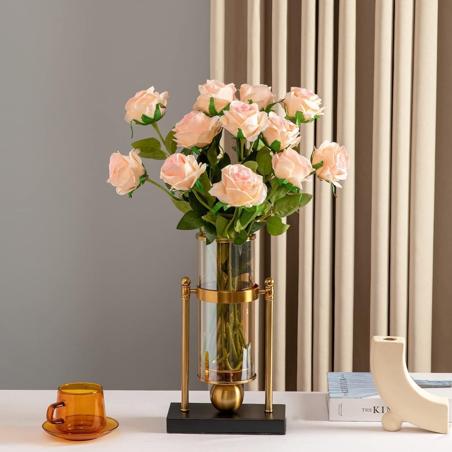 Pink Fake Roses Artificial Flowers - 10 Pcs Fake Artificial Roses Silk Flowers with Stems for Home Wedding Hotel Office Centerpiece Decor（Champagne Pink）