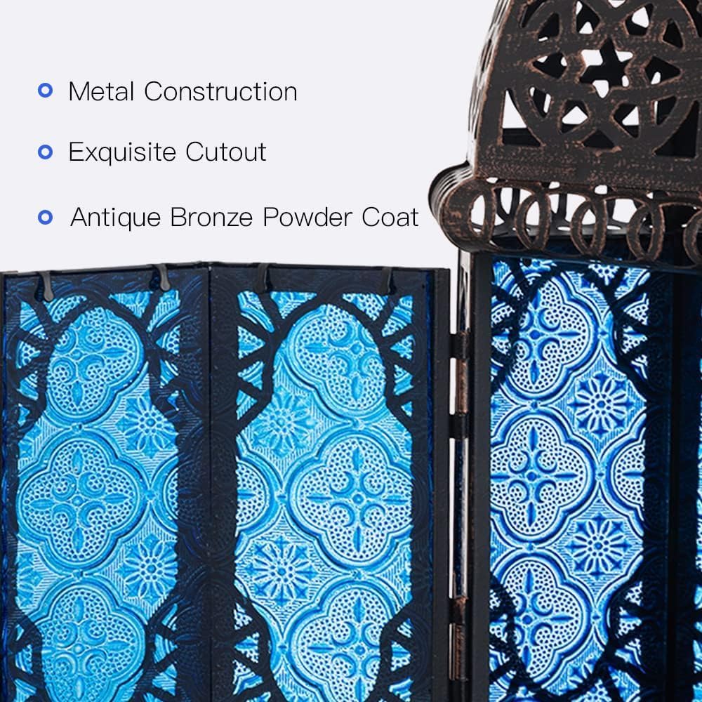NEEDOMO Hanging Moroccan Lantern, 11'' Vintage Candle Holder, Metal Lanterns Decorative Indoor Outdoor, Table, Patio, Porch, Shelf, Gothic Home Decor (Blue, Medium Size)