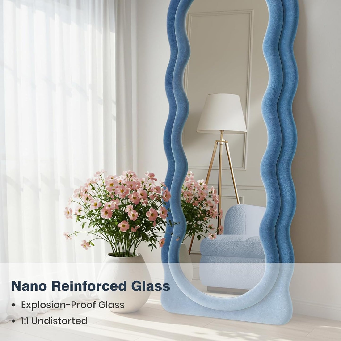 Full Length Mirror 63"x24" Arched Wavy Full Body Wall Mounted Floor Mirror with Stand Blue Flannel Frame Leaning Hanging Wall Mirror for Bedroom Entrance