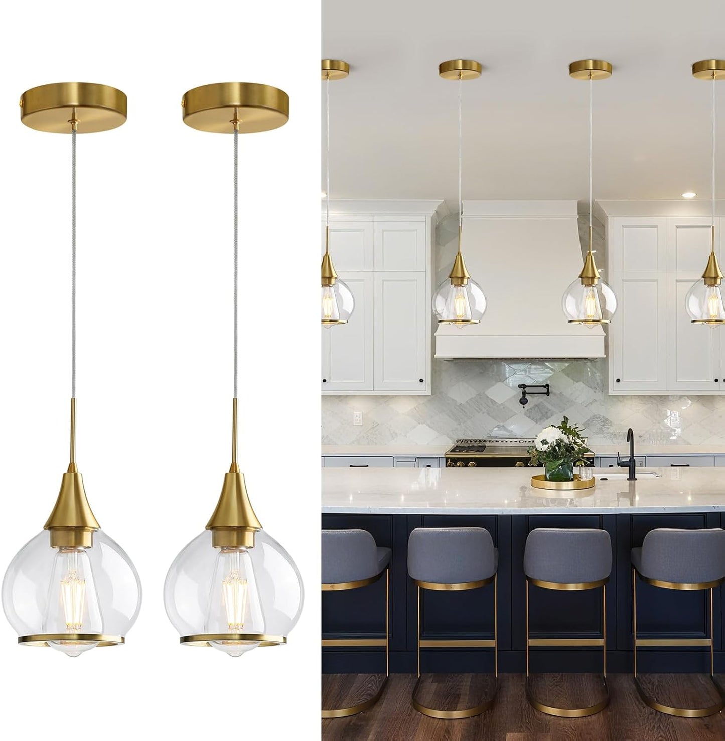 Pendant Light Fixtures Kitchen: 2 Pack Modern Gold Island Light with Clear Glass - 6 Inch Mid Century Globe Kitchen Lighting Chandeliers Ceiling for Foyer Bedroom