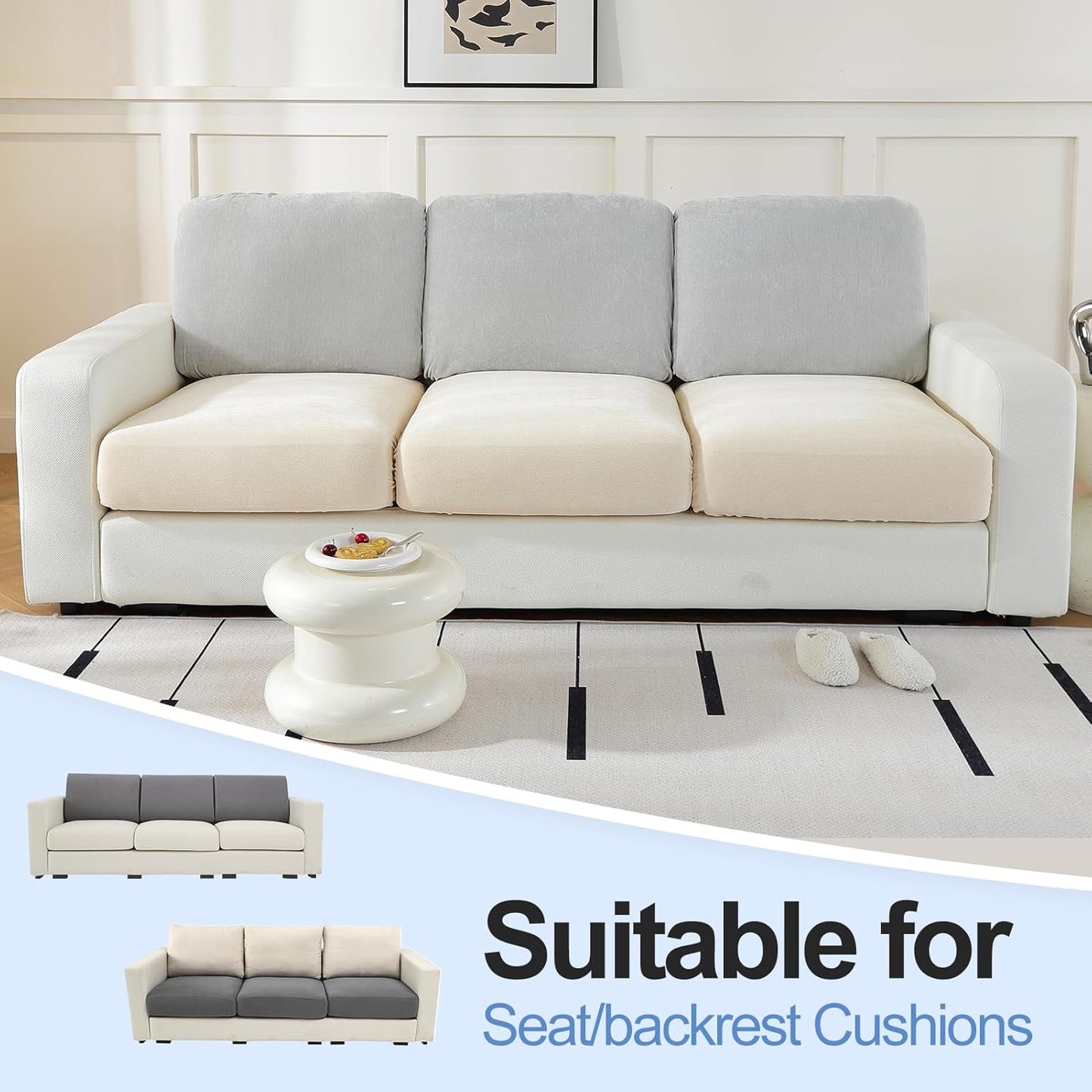 Individual Couch Cushion Covers, Stretch Sectional Couch Covers for L Shaped Sofa, Softer Chenille Sofa Covers for 3 Couch Cushions, Non-Slip Seat Slipcover Protector (3 Piece, Beige)