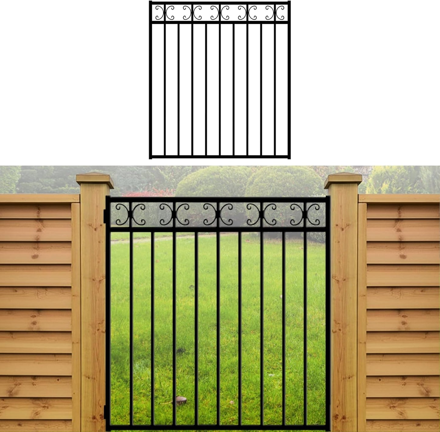 Garden Fence Gate, 3.5' W x 4' H, Decorative Black Wrought Iron Outdoor Gate for Front Yard, Backyard & Patio, Elegant Design with Stainless Steel Hinges & Self-Locking Latch