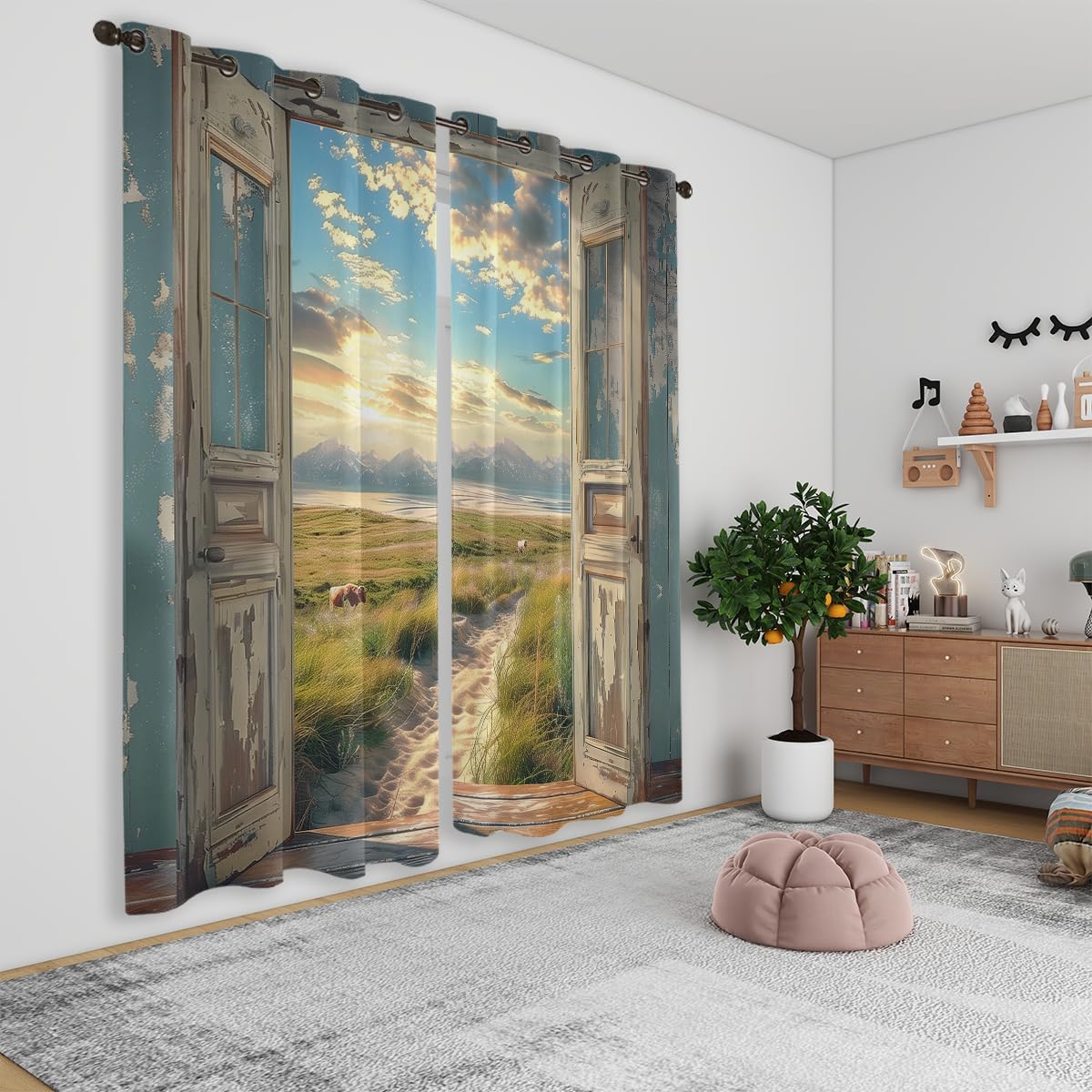 Landscape Blackout Curtains for Girls Boys Home Decor, Cow Sunset Grassland Mountain Natural Scenery Grommet Thermal Insulated Drapes Darkening Window Curtain for Bedroom Living Room, 55 x 63 Inch