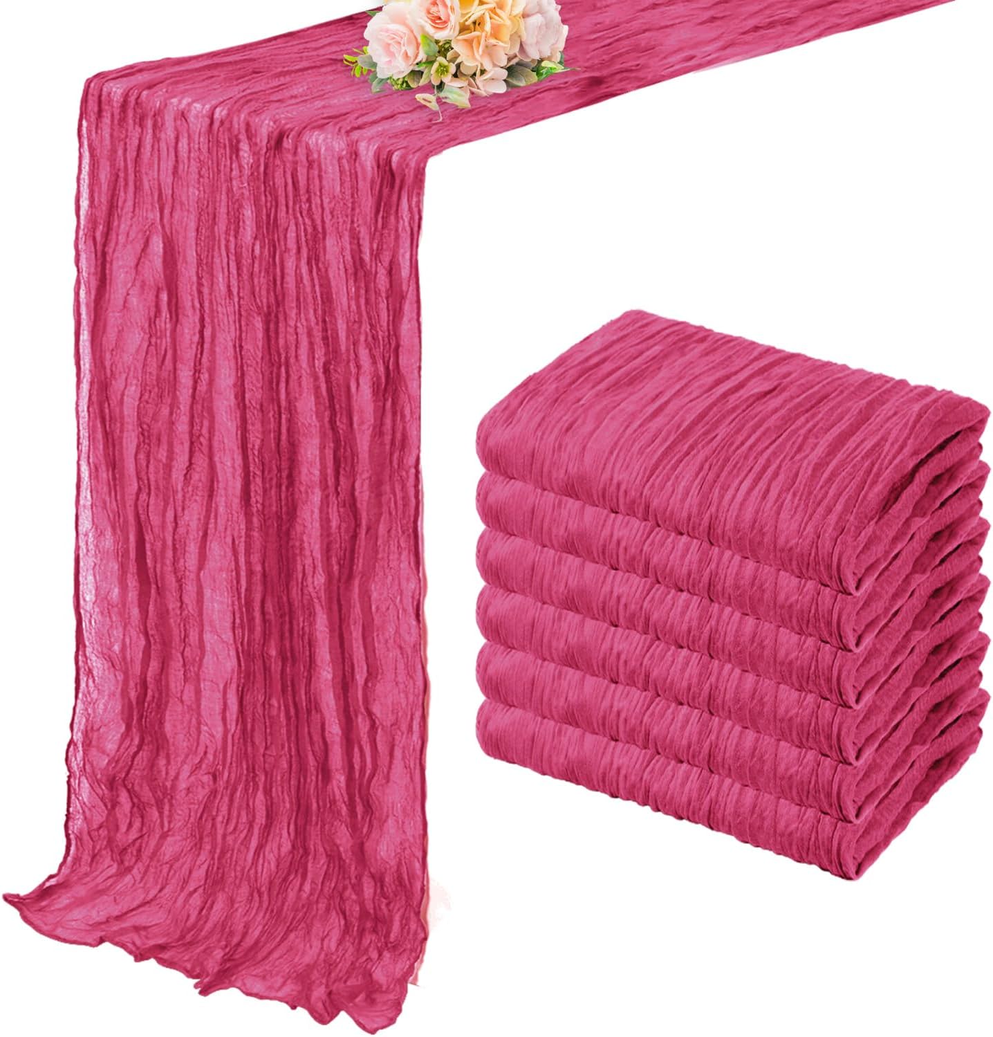 Hot Pink 6 Pack Cheesecloth Table Runner 10FT Boho Fabric Rustic Cheese Cloth Table Runner for Wedding 20 x 120 Inch Long Bridal Shower Baby Shower Gauze Sheer Birthday Party Table Decorations