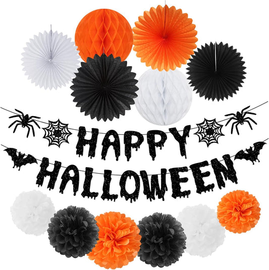Orange Black Happy-Halloween Party Decorations - 13PCS Spider Web Bats Streamers Banner ,Paper Flowers Lanterns Tissue Pom Poms Fans, Classroom Birthday Bachelorette Hanging Supplies Decor Hugfond