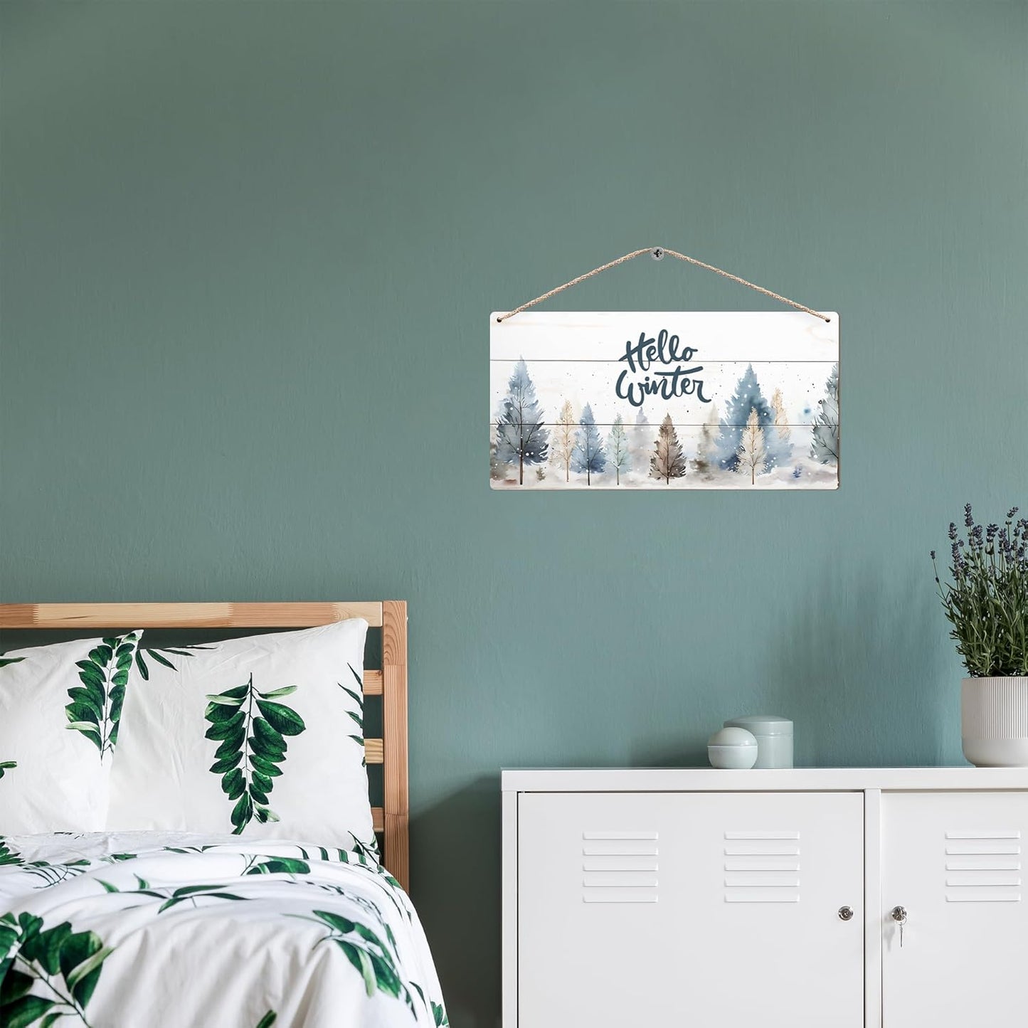 DUXMNAMG Hello Winter Welcome Hanging Wooden Signs 12x6, Pine Tree Decor, Winter Door Decorations, Winter Door Sign, Rustic Winter Christmas Snowflakes Trees Home Room Office Hanging Wall Decor