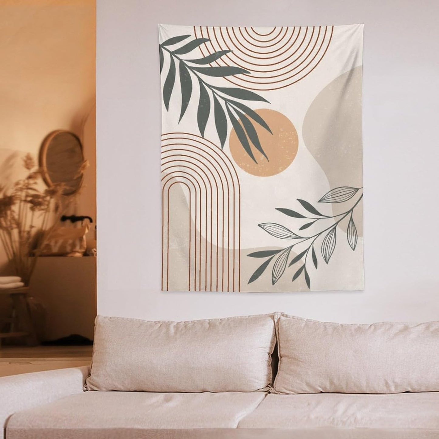 Abstract Boho Tapestry, Mid Century Tropical Tree Leaves Modern Geometric Arch Bohemian Botanical Tapestry, Home Aesthetic Wall Hanging Art Decor for Living Room Bedroom Dormitory 30x40 Inch
