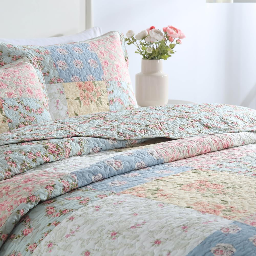 Cotton Bedspread Quilt Bedding Sets 3 Pieces Reversible Coverlet Sets Comforters Green Rose Floral Patchwork Bedspread, King Size