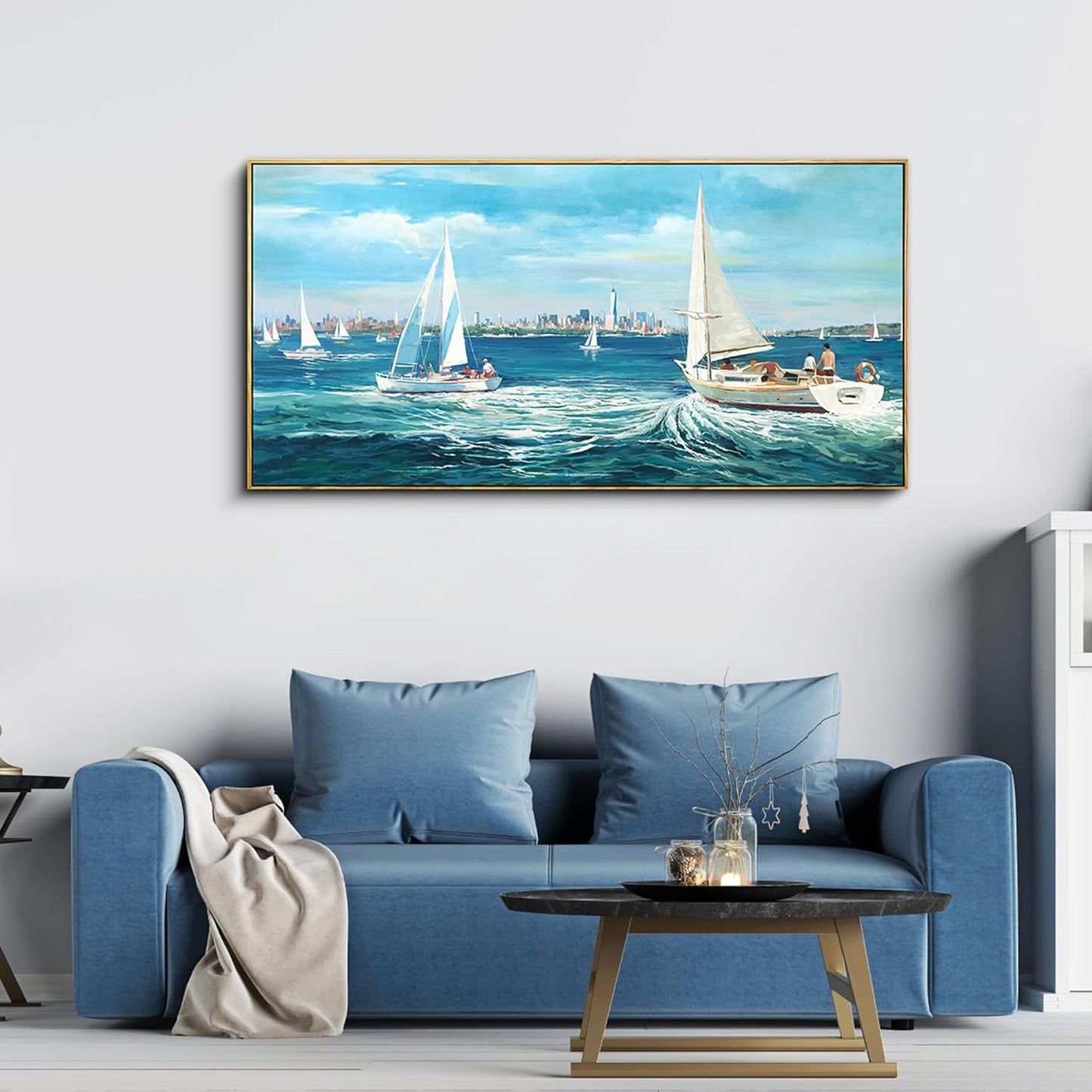 XLSJERST Blue Canvas Wall Art Seascape Painting - Landscape Picture Textured Navy Modern Sailboat Ocean Artwork Framed for Living Room Bedroom Bathroom Home Office Wall Decor Large Size 20"x40"