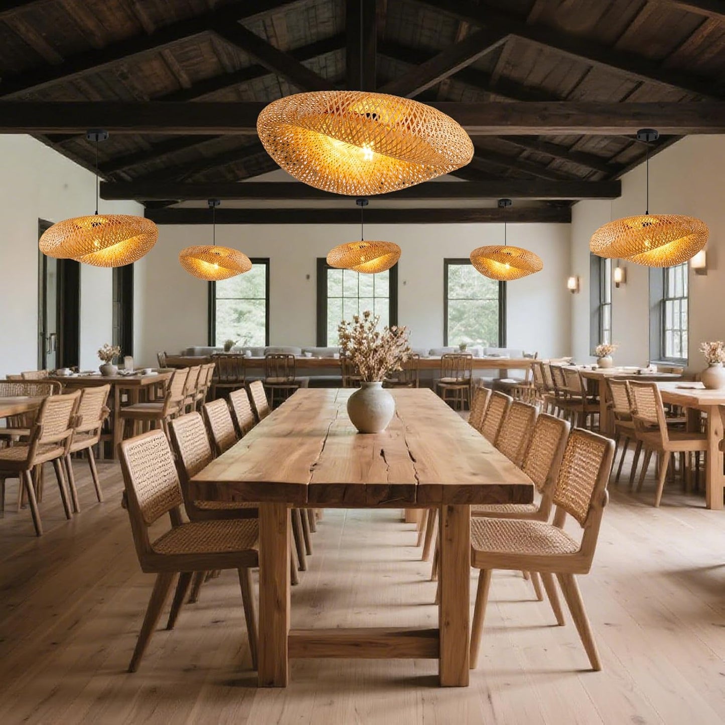 Hand Woven Bamboo Pendant Light,23.62 in Bamboo Rattan Ceiling Hanging Light Hand Woven Wicker Chandelier for Living Room Kitchen Dining Room Farmhouse