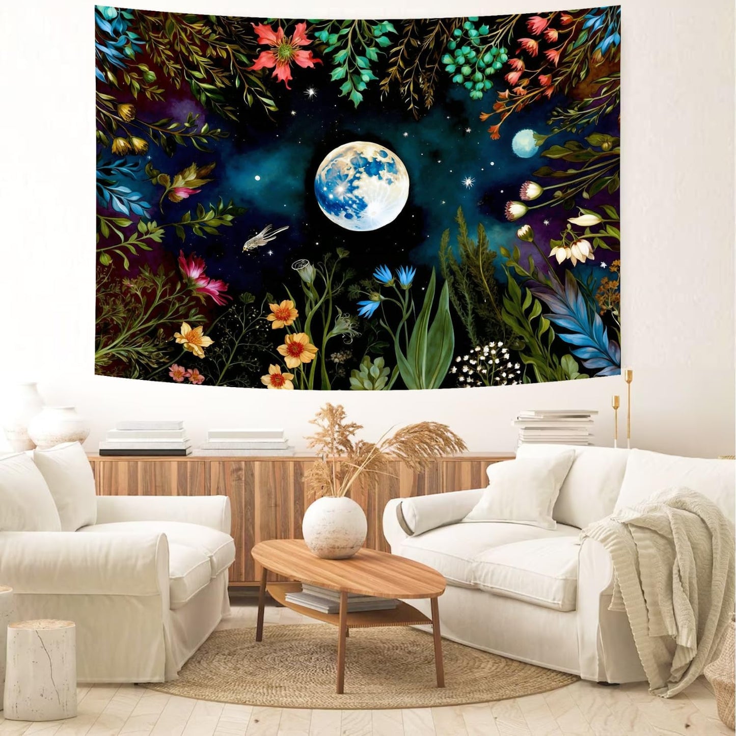 Delur Moonlit Garden Tapestry Boho Moon Floral Plant Tapestry Wall Hanging Colorful Flower Botanical Nature Night Landscape Headboard for Bedroom Living Room Home Decor (51.2" x 59.1")