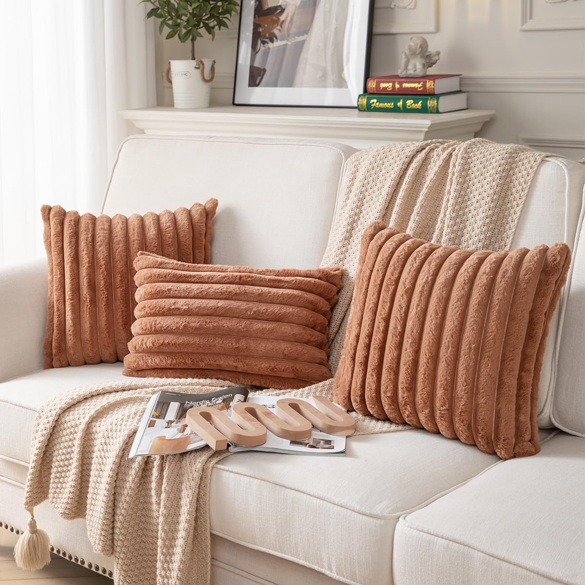 DEELAND Pack of 2,Double-Sided Faux Fur Plush Decorative Throw Pillow Covers Fuzzy Striped Soft Pillowcase Cushion Covers for Sofa Couch Bedroom Brown 12x20 inch